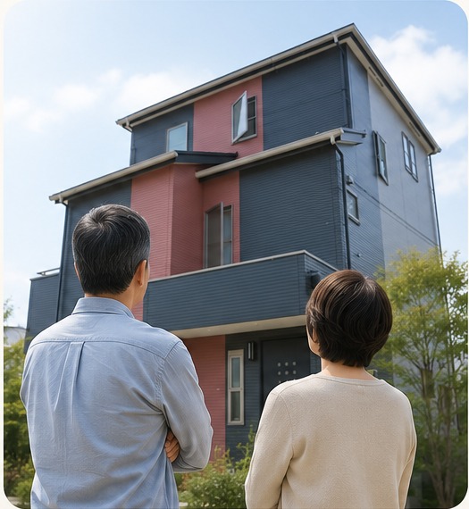住まいを見上げるご夫婦